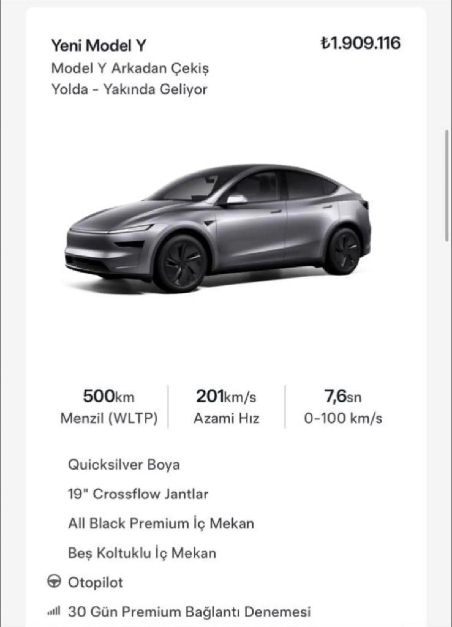 Yeni Tesla Model Y 1,86 milyon liradan satışa sunuldu!