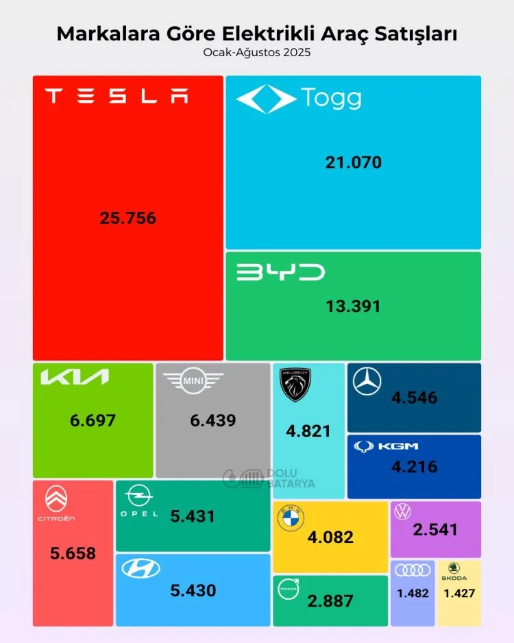 Tesla, Togg ve BYD, Türkiye elektrikli araç pazarının yarısını oluşturuyor.